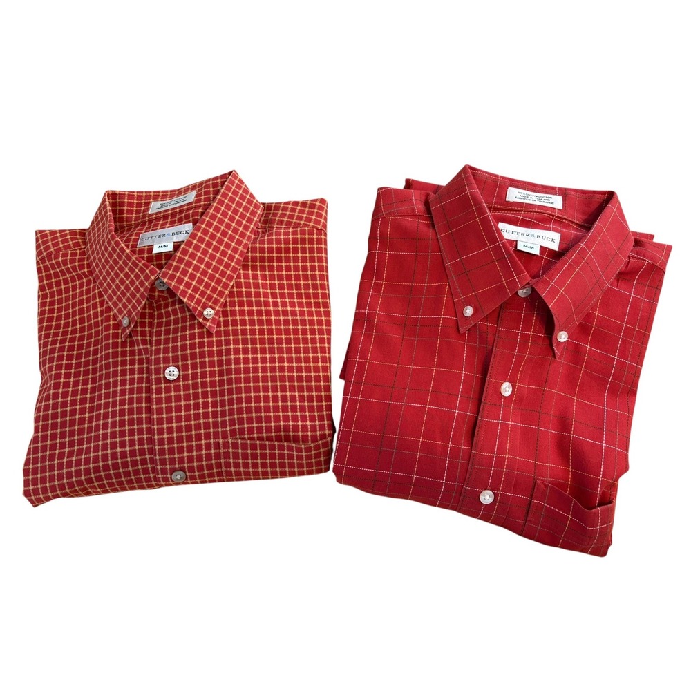 Lot of 2 Cutter & Buck Mens Red Plaid Grid Button Down Shirts Medium MCW08655